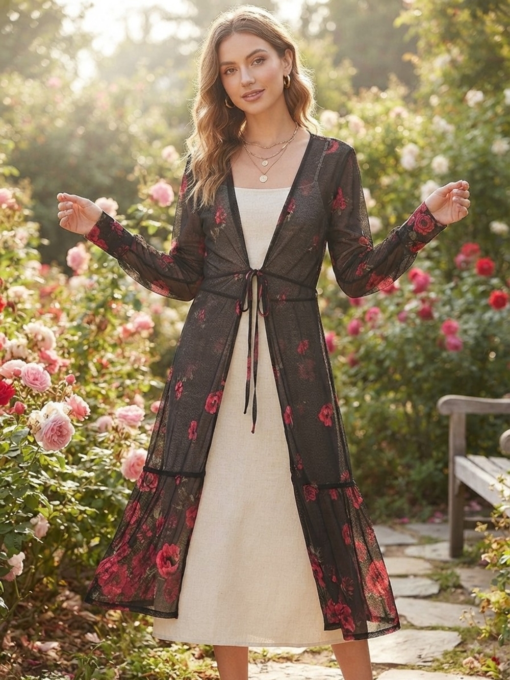 NWOT Ember Black Red Rose Floral Sheer Mesh Maxi Duster Cardigan Tie Front M